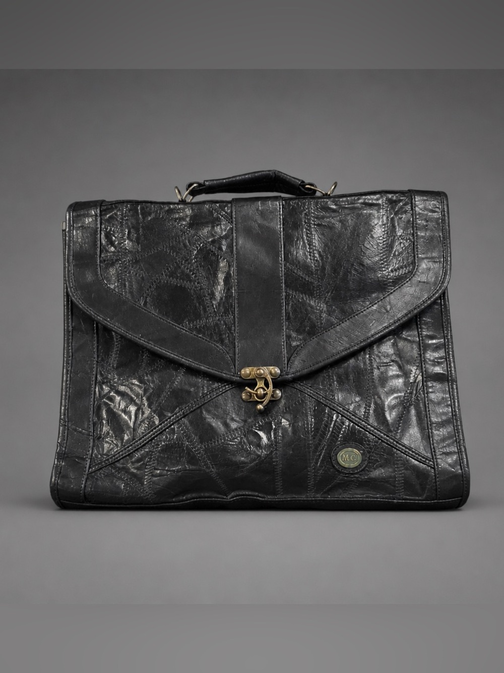 Vintage Marc Chantal Black Leather Patchwork Briefcase with Brass Hardware